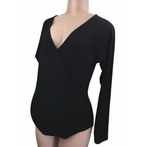 NEW A Pea in the Pod MED Maternity Bodysuit long sleeve ribbed v-neck top BLACK